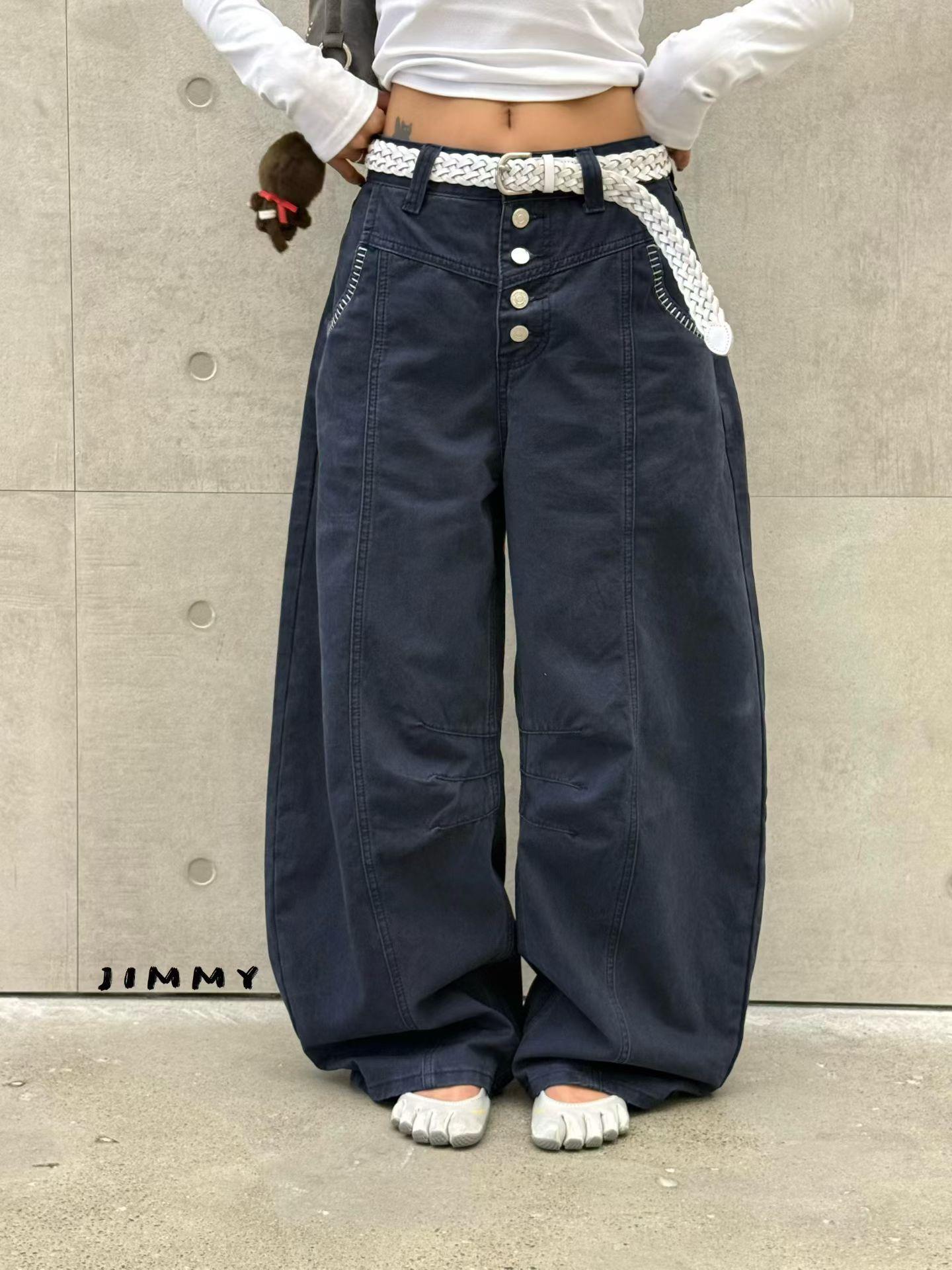 縫線排扣高腰牛仔褲